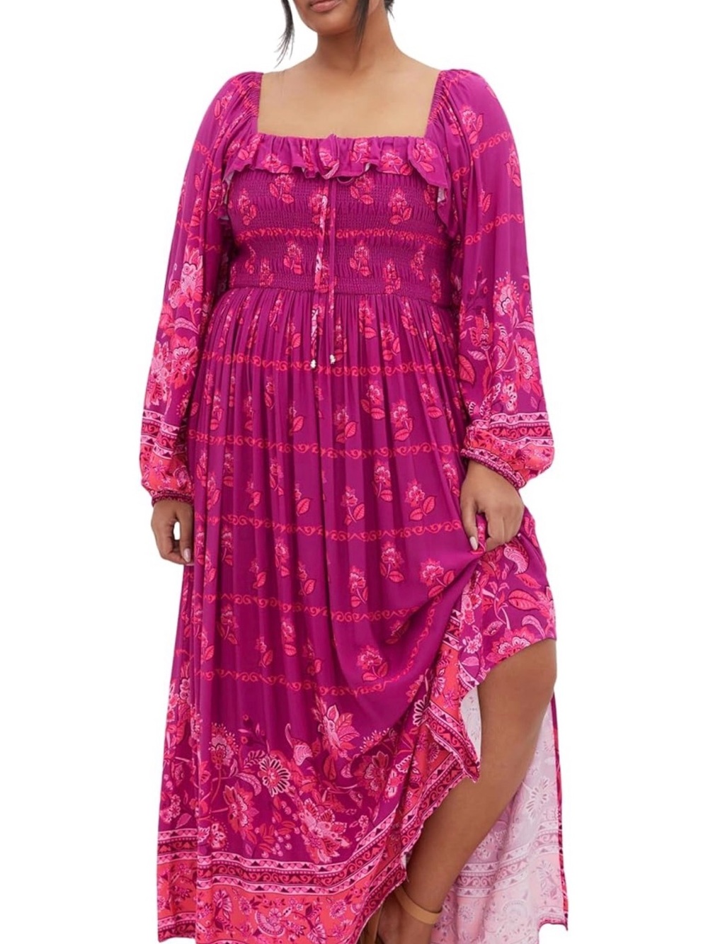 City Chic Size 16 Estelle Print Long Sleeve Multi Colored Pink Floral Maxi Dress